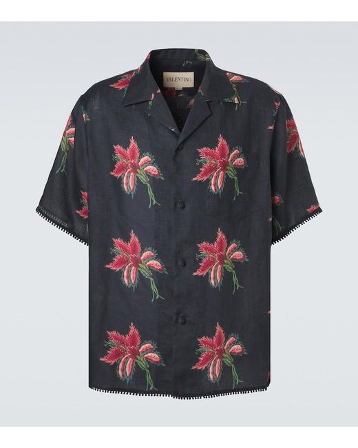 Valentino Black Floral Lace-Trimmed Linen Bowling Shirt for men