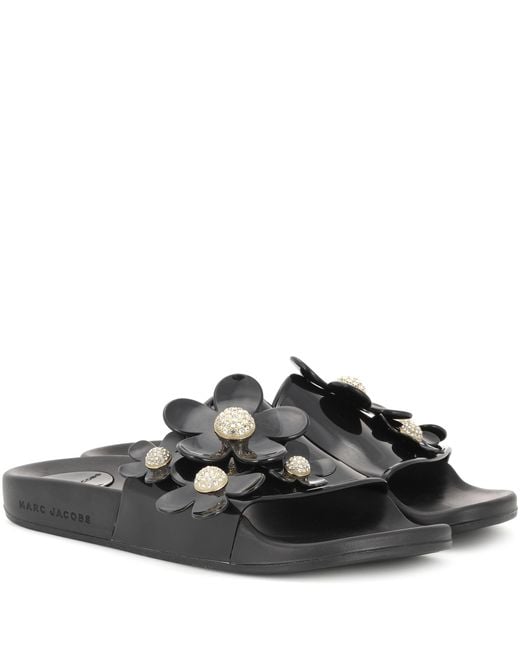 Marc Jacobs Black Flower-embellished Slide Sandals