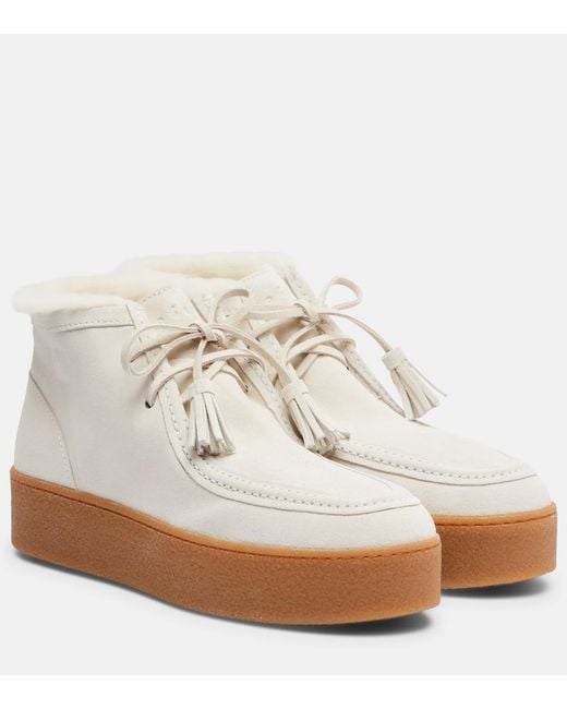 Hogan White Shearling-Trimmed Suede Ankle Boots