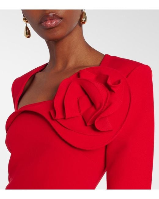 Roland Mouret Red Floral-Applique Crepe Midi Dress