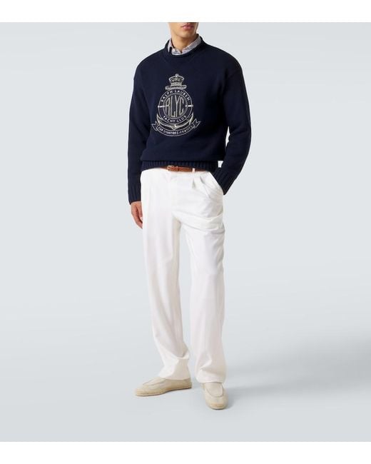 Ralph Lauren Blue Embroidered Cotton Sweater for men