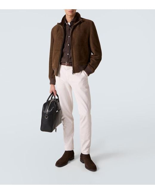 Thom Sweeney Brown Shearling-Lined Suede Bomber Jacket for men