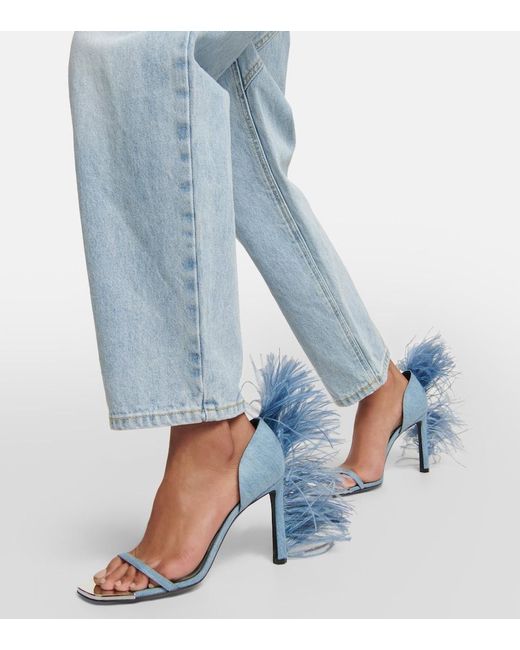 Area Blue X Sergio Rossi Amazona Feather-Trimmed Denim Sandals