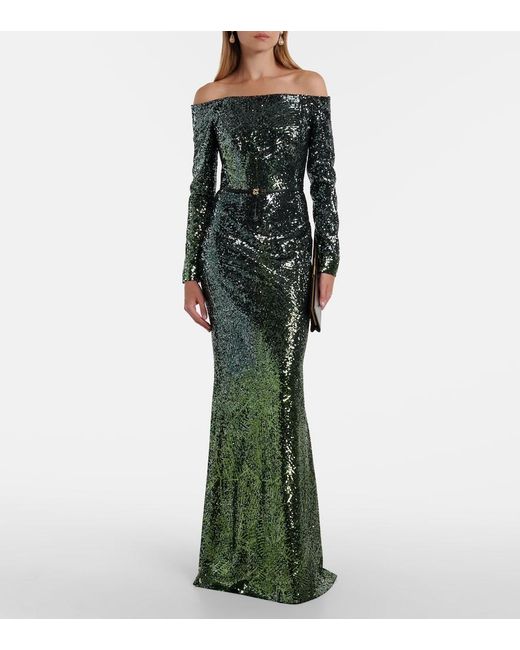 Elie Saab Green Ombre Sequined Silk-Blend Gown