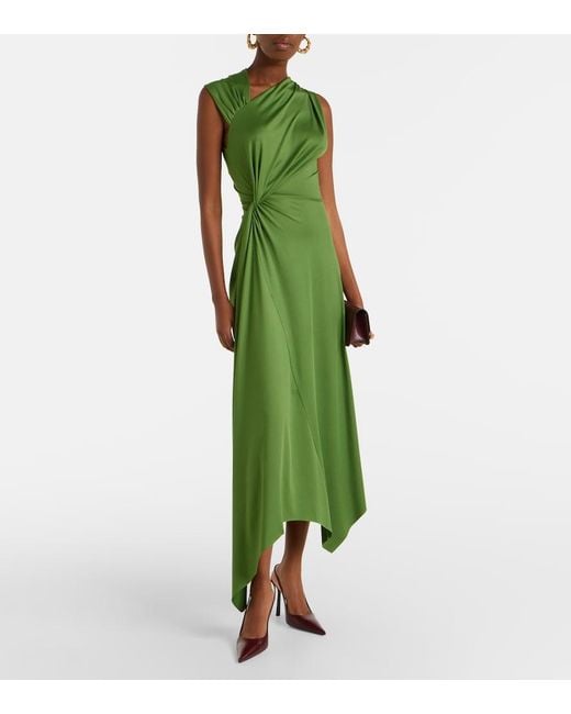Victoria Beckham Green Asymmetric Gathered Jersey Midi Dress