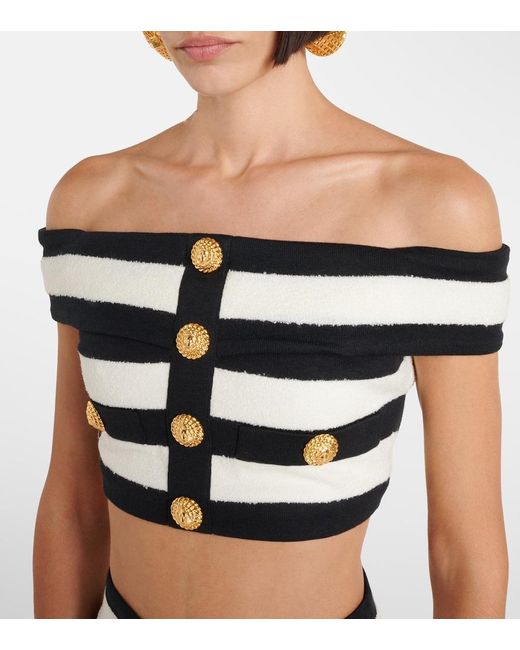 Balmain Black Striped Off-Shoulder Crop Top