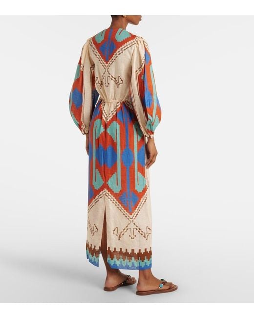 Johanna Ortiz Orange Printed Tie-Detail Linen Midi Dress