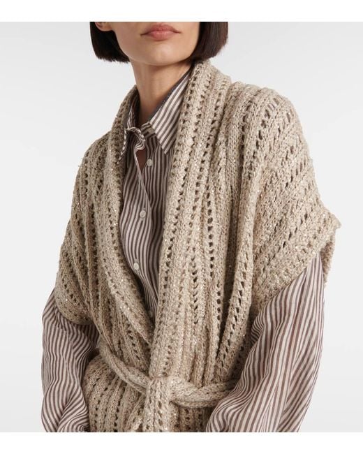 Brunello Cucinelli Natural Dazzling Silk And Linen-Blend Wrap Cardigan