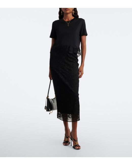Dolce & Gabbana Black Dg Lace-Trimmed Cotton-Blend T-Shirt