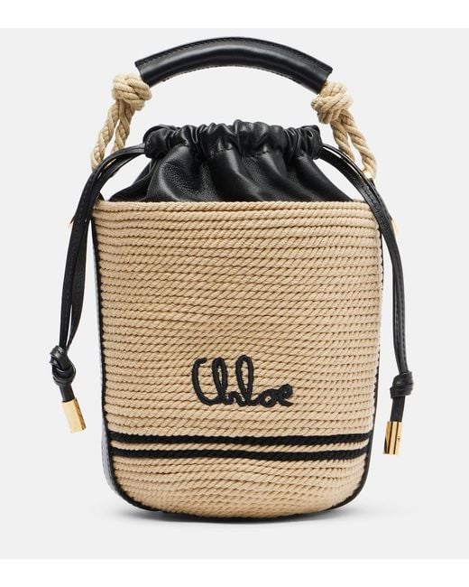 Chloé Black Soleil Mini Raffia-Effect Bucket Bag