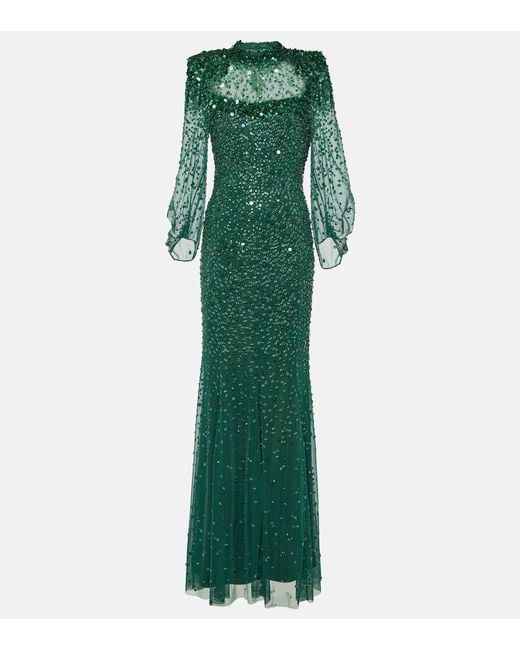Jenny Packham Green Embellished Tulle Gown