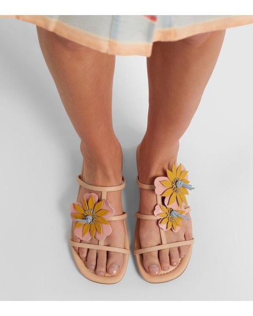Zimmermann Pink Lilia Floral-Applique Leather Sandals
