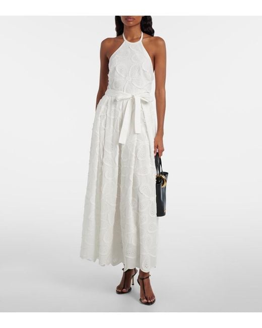 Elie Saab White Embroidered Belted Cotton-Blend Midi Dress