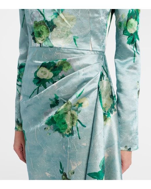 Erdem Green Draped Floral Satin Midi Dress