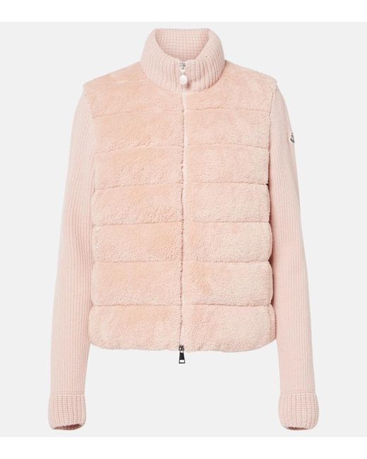 Moncler Pink Down-Paneled Faux Fur And Wool Cardigan
