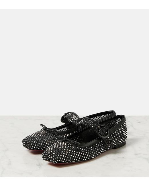 Christian Louboutin Black Mamastrapitina Crystal-Embellished Mesh And Leather Ballet Flats