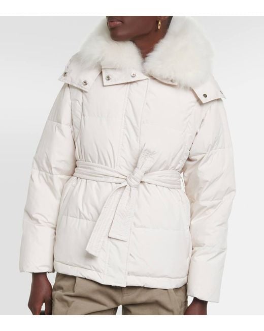 Yves Salomon Natural Belted Shearling-Trimmed Down Jacket