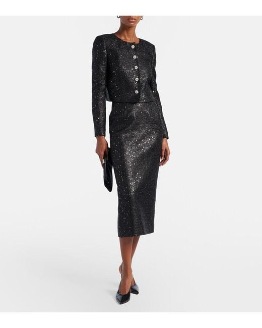 Carolina Herrera Black Sequined Lame Tweed Pencil Skirt