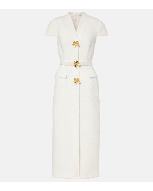Oscar de la Renta White Embellished Belted Tweed Midi Dress