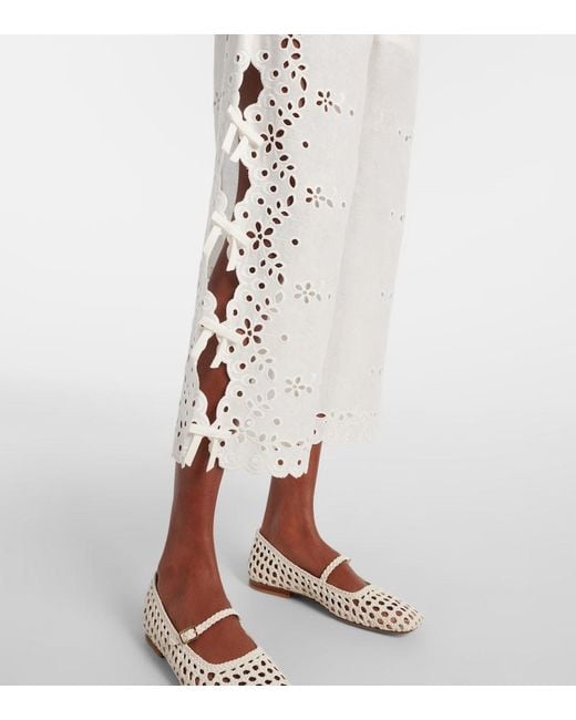 Self-Portrait White Embroidered Linen And Cotton Wide-Leg Pants