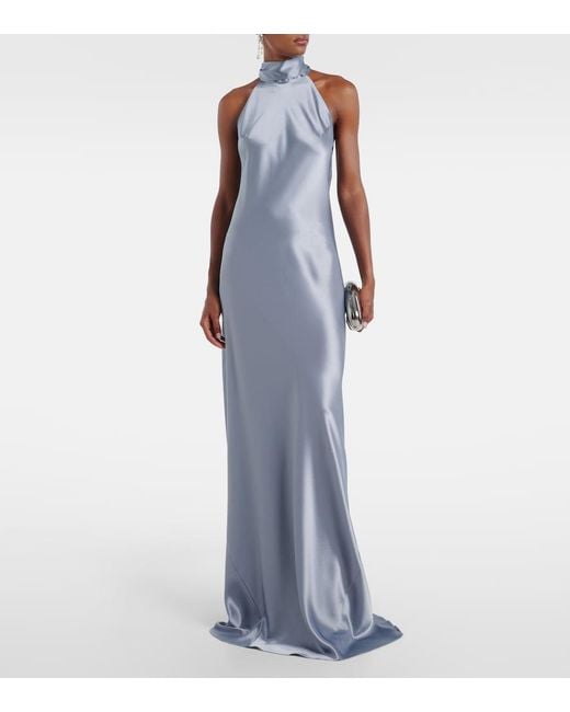 Galvan Blue Sienna Halterneck Satin Gown