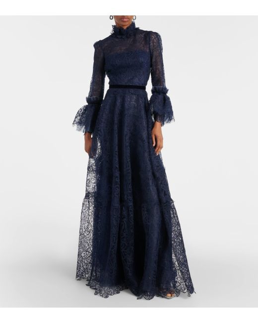 Costarellos Blue Ruched Lace Gown