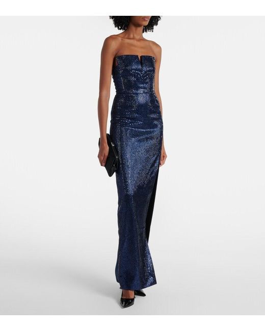 Roland Mouret Blue Embellished Strapless Crepe Gown