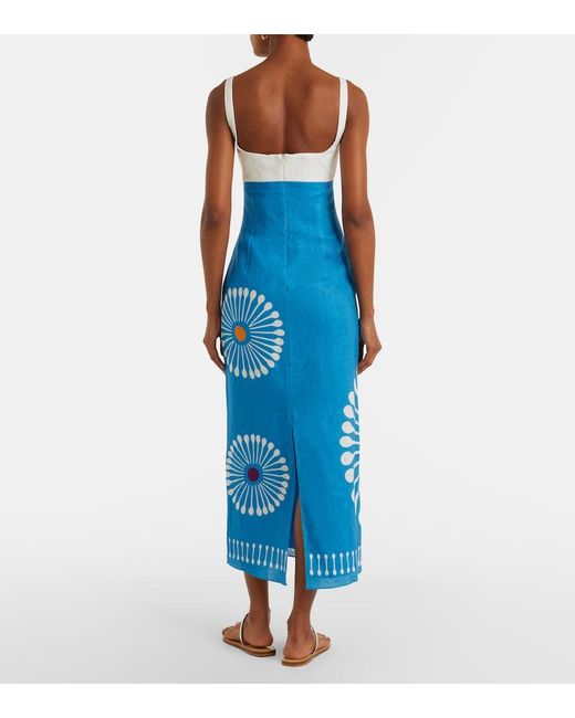 Cala De La Cruz Blue Nara Cutout Floral Linen Midi Dress