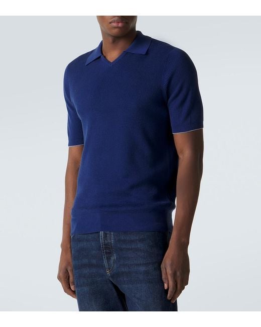 Brunello Cucinelli Blue Ribbed-Knit Cotton Polo Shirt for men