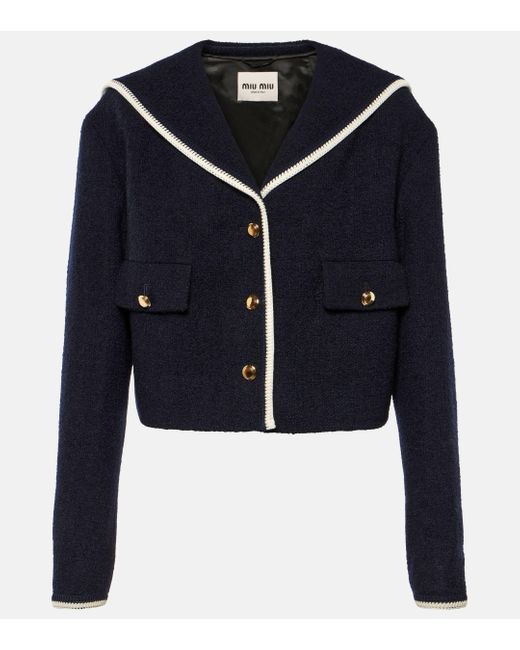 Miu Miu Blue Cropped Wool-blend Tweed Jacket