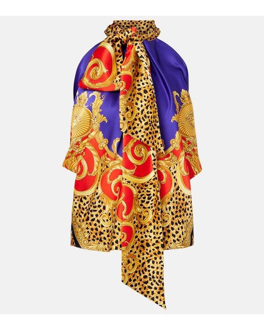 Versace Blue Bow-Detail Printed Silk Satin Top