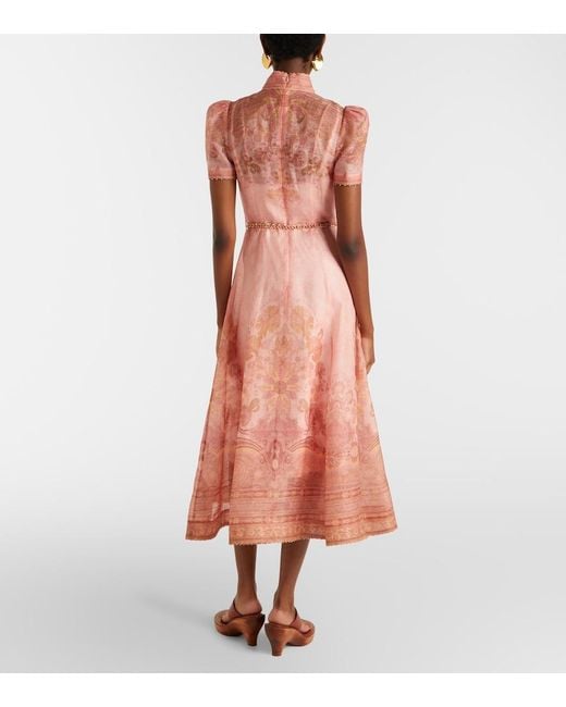 Zimmermann Pink Belted Paisley Linen And Silk Midi Dress