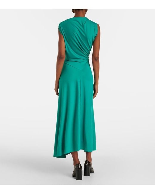 Victoria Beckham Green Asymmetric Gathered Jersey Midi Dress