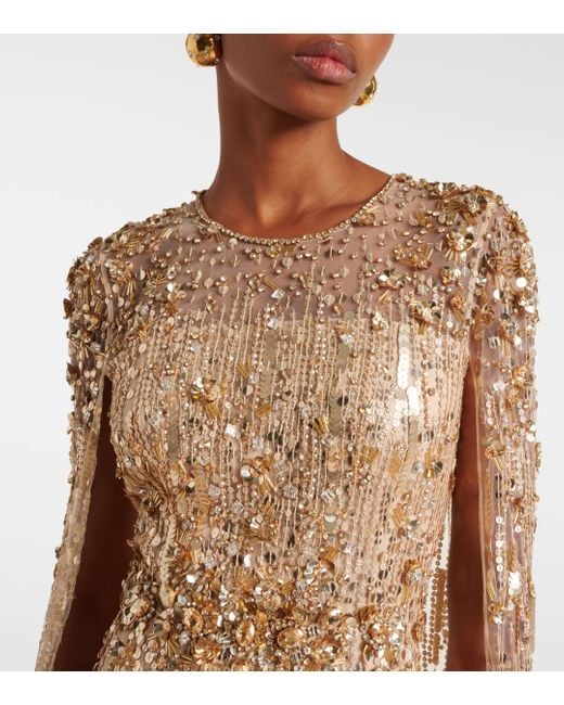 Jenny Packham Natural Caped Sequined Gown