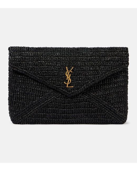 Saint Laurent Black Clutch Cassandre Large Aus Raffiabast