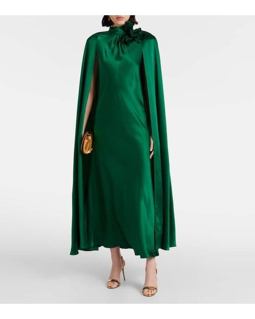 Rodarte Green Caped Embroidered Silk Satin Maxi Dress