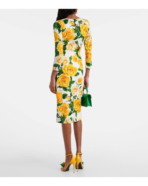 Robe midi en soie melangee a fleurs Dolce & Gabbana en coloris Yellow