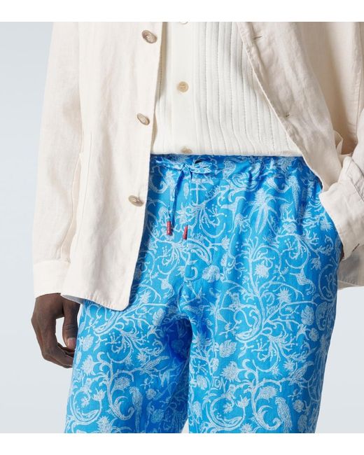 Kiton Blue Printed Linen Pants for men