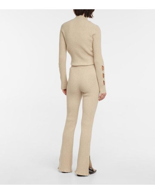 Victoria Beckham Natural Ribbed-Knit Wool-Blend Flared Pants