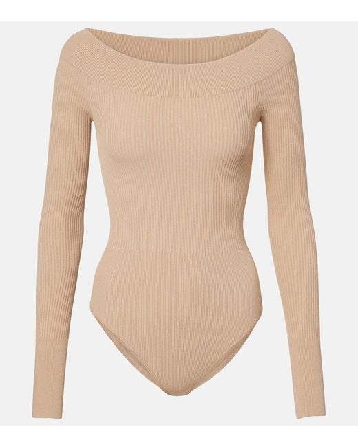Alaïa Natural Ribbed-Knit Off-Shoulder Bodysuit