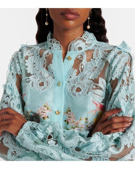 Camilla Blue Embellished Lace-Trimmed Linen And Silk Minidress