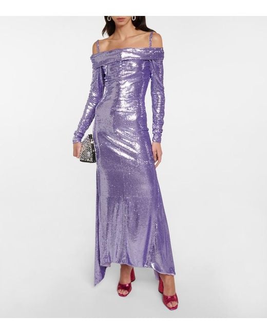The Attico Purple Fanny Sequined Off-shoulder Gown