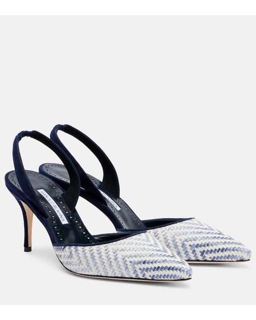 Manolo Blahnik Blue Carolyne 70 Raffia Slingback Pumps