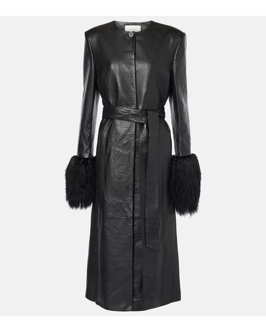 Magda Butrym Black Shearling-Trimmed Leather Coat