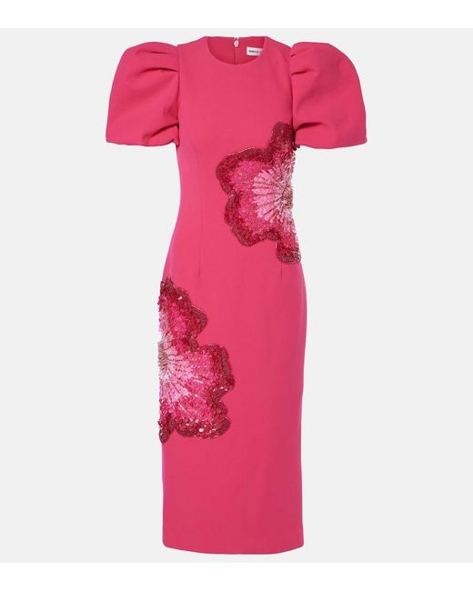 Rebecca Vallance Pink Layana Puff-Sleeve Embellished Midi Dress