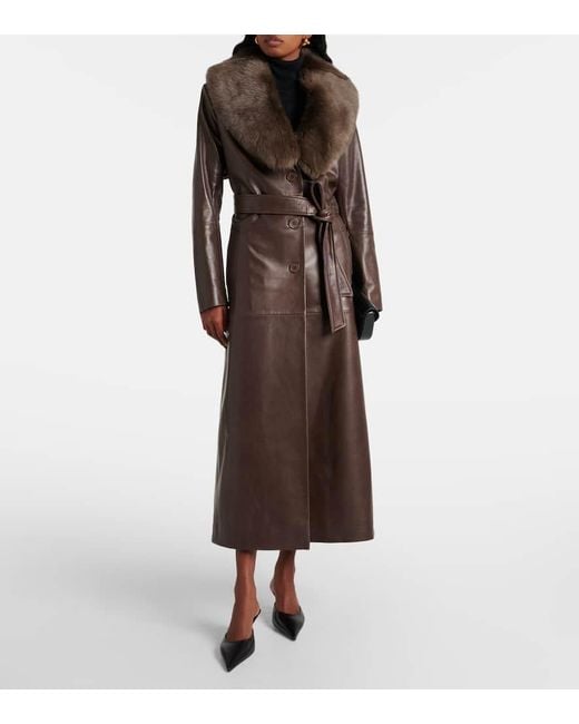 Nour Hammour Brown Dakota Shearling-Trimmed Leather Trench Coat