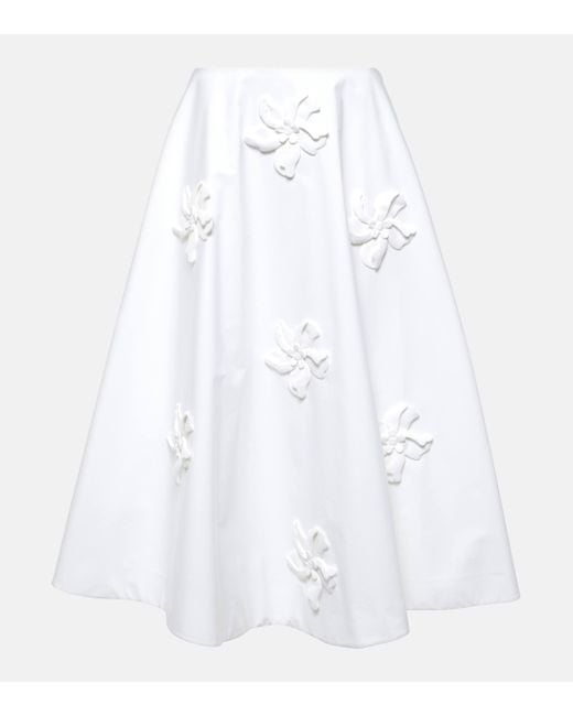 Valentino White Floral-applique Cotton Poplin Midi Skirt