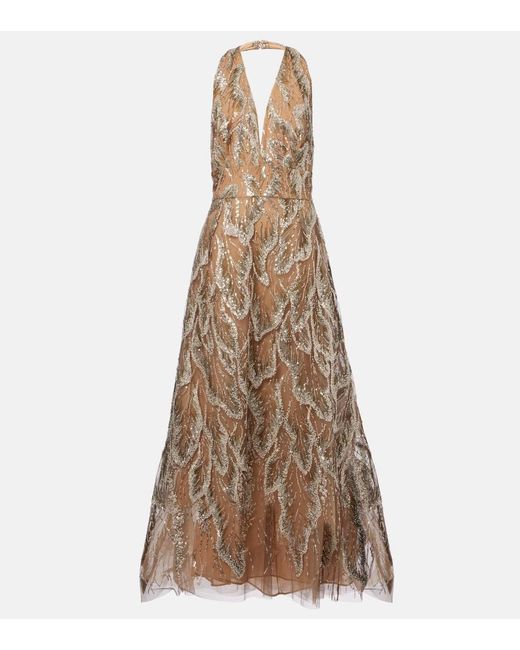 Elie Saab Natural Sequined Embroidered Tulle Gown