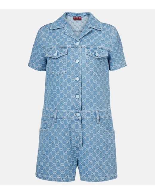 Gucci Blue Gg Denim Jacquard Romper