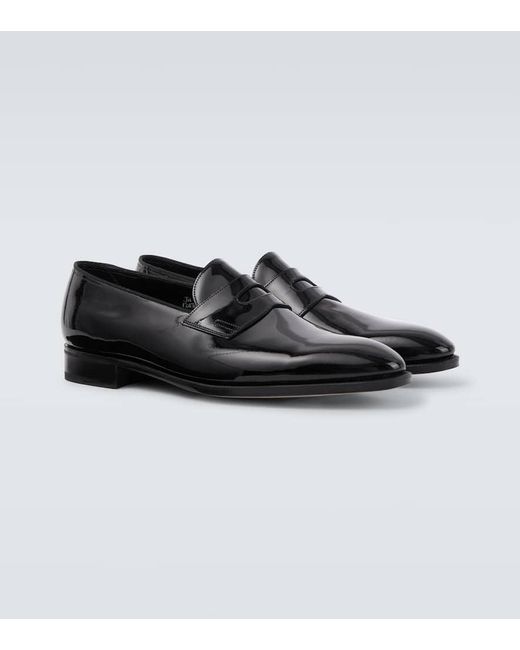John Lobb Black Jamie Patent Leather Penny Loafers for men